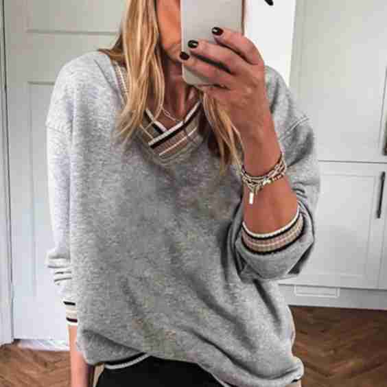 Varsity Contrast Trim V-Neck Sweatshirt