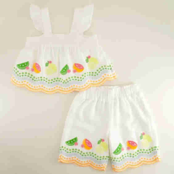 Woven Embroidered Fruit Top and Capri Set