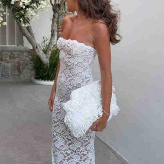 Chic Sheath Strapless Lace Tea Length Party Dress