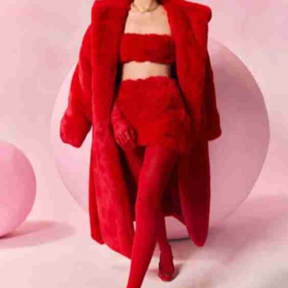 Faux Leather Shawl , Square Fur Jacket And Skirt Set