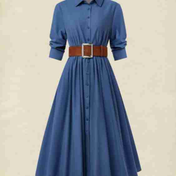 Midi Linen Dress, Half Sleeves, Shawl Collar, Plain, Button Design, Vintage