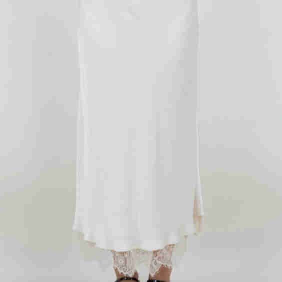 Satin Slip Midi Skirt with Lace Detail