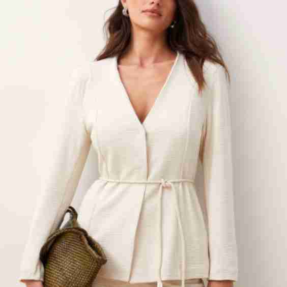 Textured Knit Drawcord-Waist V-Neck Blazer
