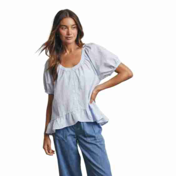 Gingham Sky Hi-Low Ruffle Blouse