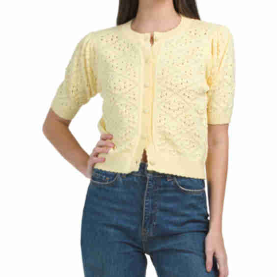 Short-Sleeve Pointelle Knit Cardigan