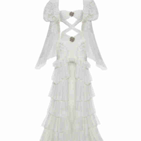 Lace Detailed High Low Dress With Cascading Ruffles Sleeves