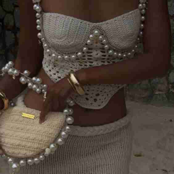 Mirina Hollow Crochet Knit Pearl Trim Heart Collar Crop Vacation Tank