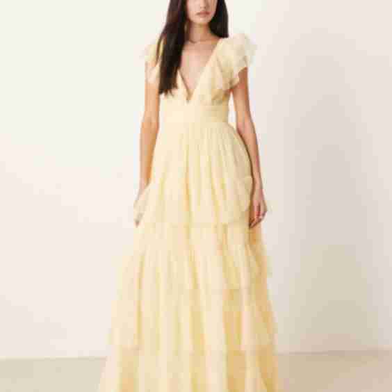 Long Tulle Dress with Tiered Ruffles and Flared Sleeves