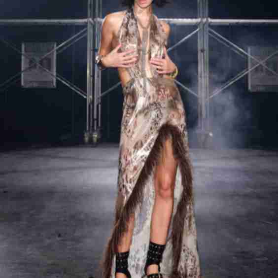 Leo Faux Fur Trim Halter Neck Maxi Dress