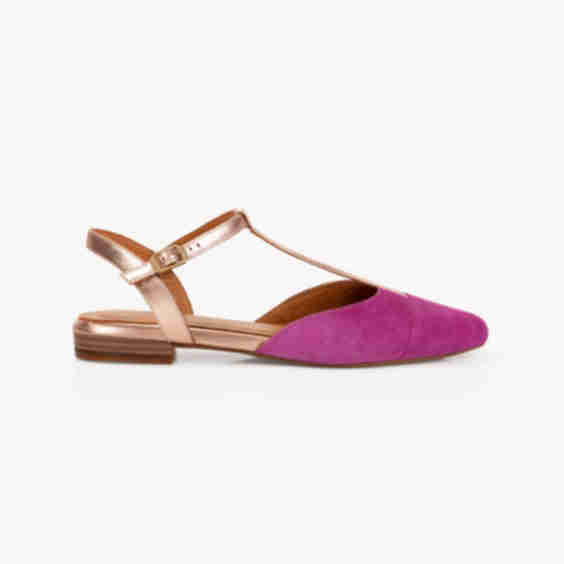 Anais Pointed T-Bar Flats in Suede and Metallic Leather
