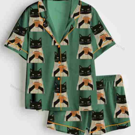 Cat Drinking Coffee Satin Pajama Set