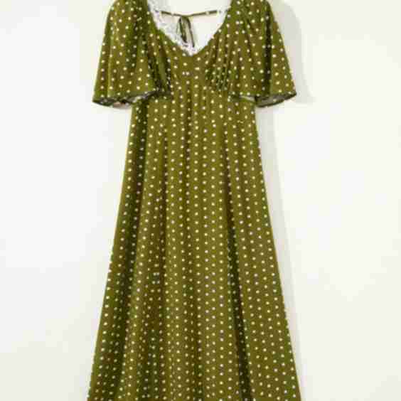Maleah Polka Dot Print Lacy Neckline Smocked High Waist Maxi Dress