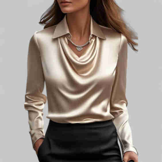 Rose Draped Neck Long Sleeve Satin Blouse
