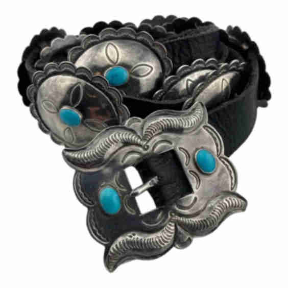 Vintage Navajo Concho Belt With Turquoise Center