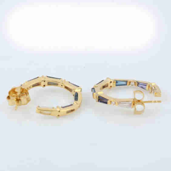 Tapered Iolite Moonstone Topaz Gemstone Prong Diamond Hoop Earrings