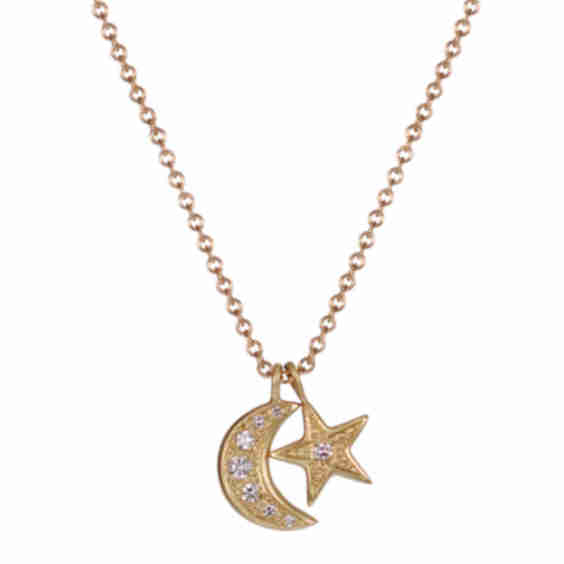 10K Gold Bombay Moon and Star Pendant with Diamonds Necklace