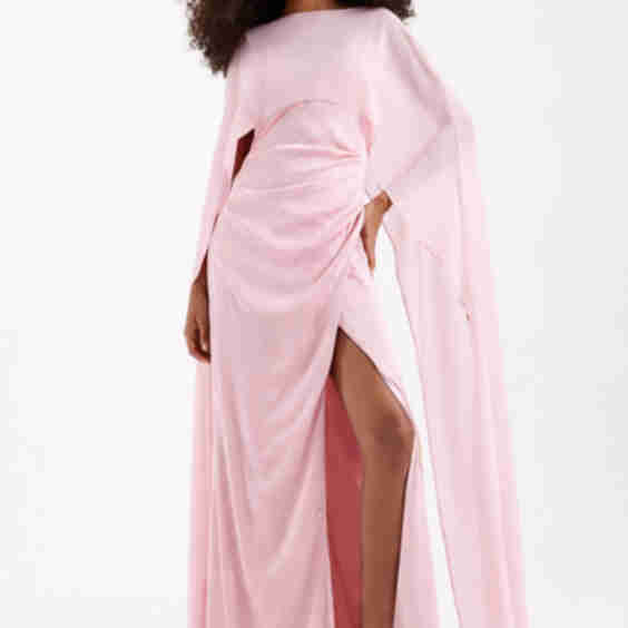 Bridesmaids Satin Maxi Dress with Mesh Cape