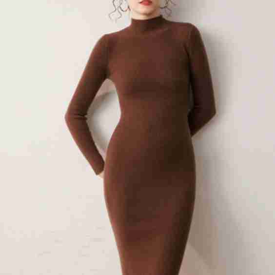 Fitted Cashmere Mock Neck Midi Sweater Dress