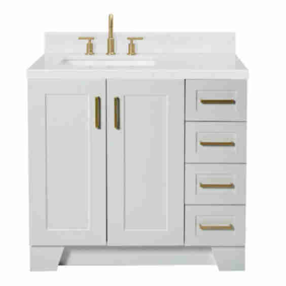 Taylor Free Standing Single Basin Vanity Set With Cabinet, Quartz Vanity Top, And Left Offset Rectangular Bathroom Sink