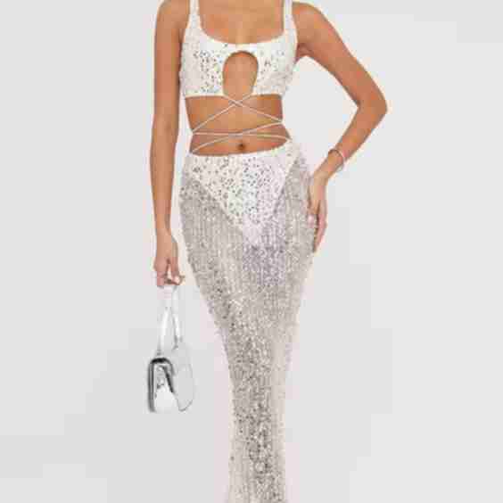 High Waist Diamante Tie Detail Maxi Skirt In Cream Sequin