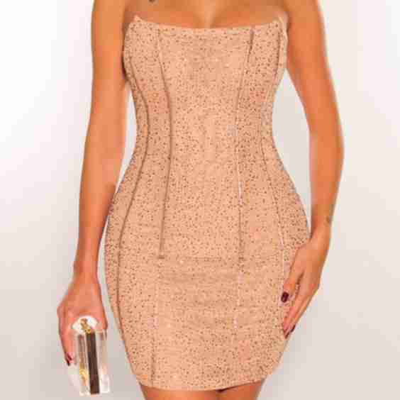 Nude Rhinestone Strapless Boned Mini Dress