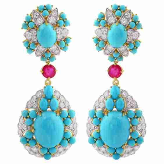 Gemstone Ruby Diamond Dangle Earrings 14 Karat Yellow Gold