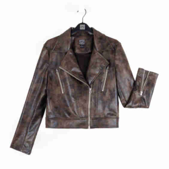 Vegan Leather Distressed Zip Cuff Moto Waist Jacket