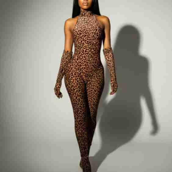 Isaline Leopard Print High Neck Jumpsuit & Gloves Set