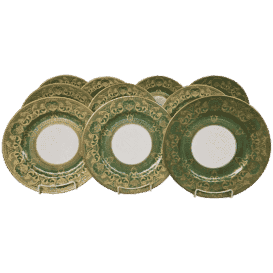 B & Co set ten dinner plates raised gold Ovington