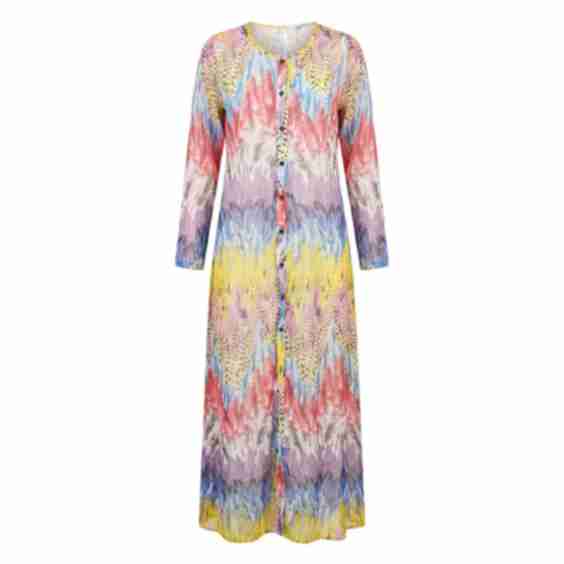 Feather Print Long Shirt Dress Cardigan