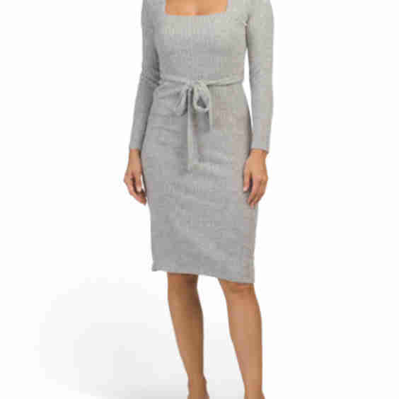 Waist Tie Front Square Neck Sweater Midi Dress