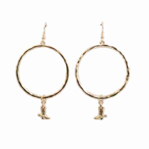 Cowboy Boot Charm Hammered Hoop Earring