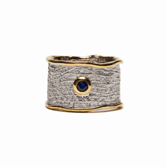 Nedrila Iconic Design Blues Sapphire Textured Silver Ring in White Rhodium and 18K Gold
