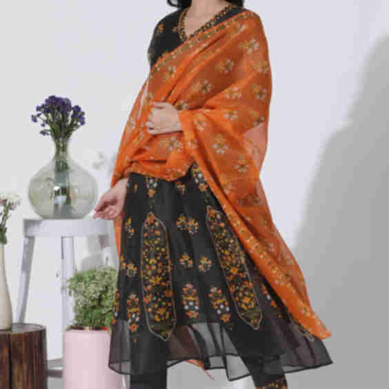 Floral Printed Flared Kota Kurta, Pants And Dupatta Set
