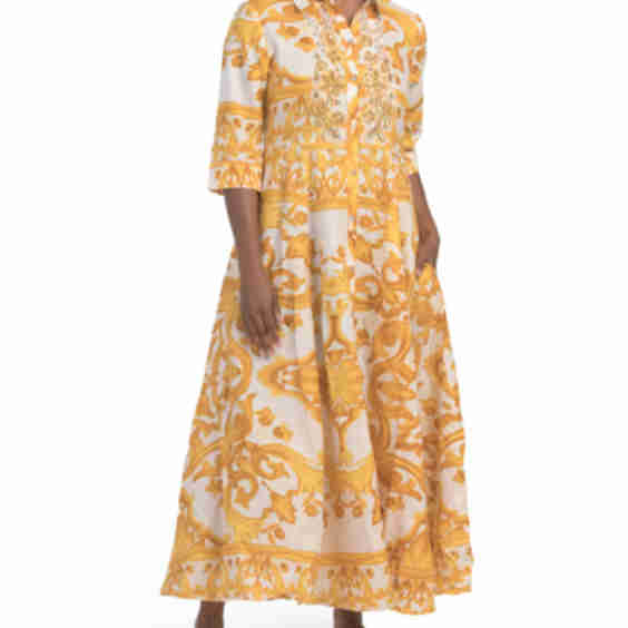 Three-quarter Sleeve Baroque Print Maxi Shirt Dress Swim Cover-up