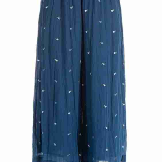Wide Navy Embroidered Petals Crumpled Cotton Trousers