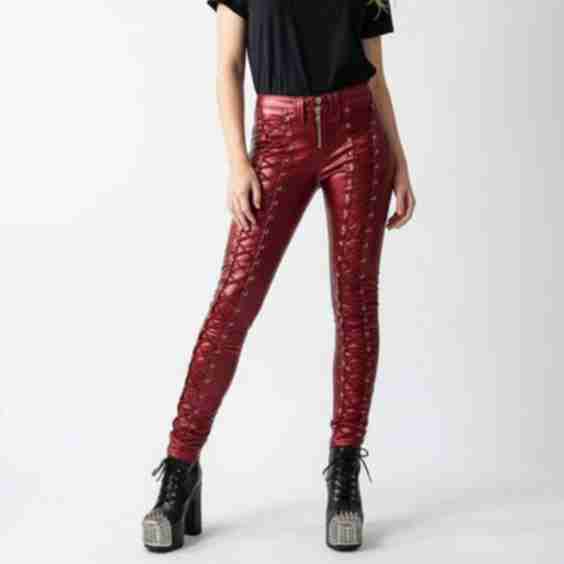 Punk Lace-Up Studded Skinny PU Leather Pants