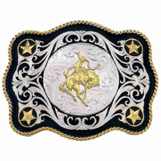 Scalloped Sheridan Style Western Belt Buckle with Bronc Rider