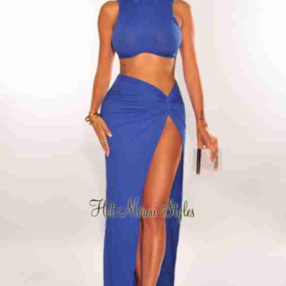 Ribbed Turtleneck Sleeveless Knotted Slit Skirt Two Piece Set
