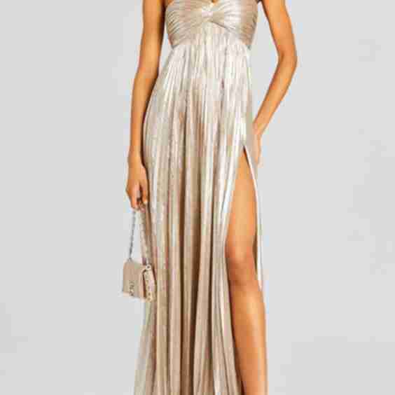 Metallic Sexy Tube Top Pleated High Slit Maxi Dress