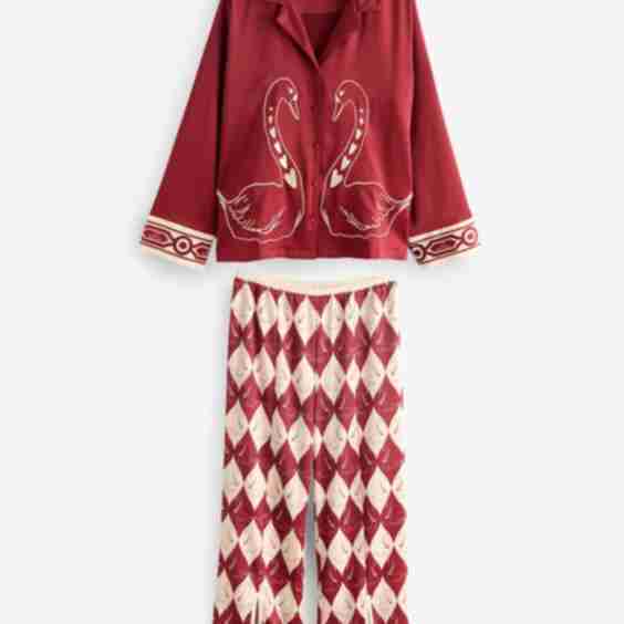 Argyle Swan Textured Satin Button Through Pyjamas