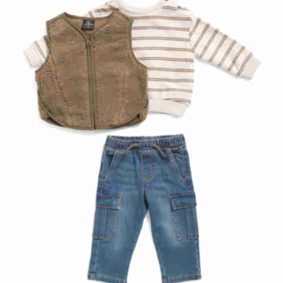 Infant Boys 3pc Sherpa Vest with Top and Denim Jeans Set