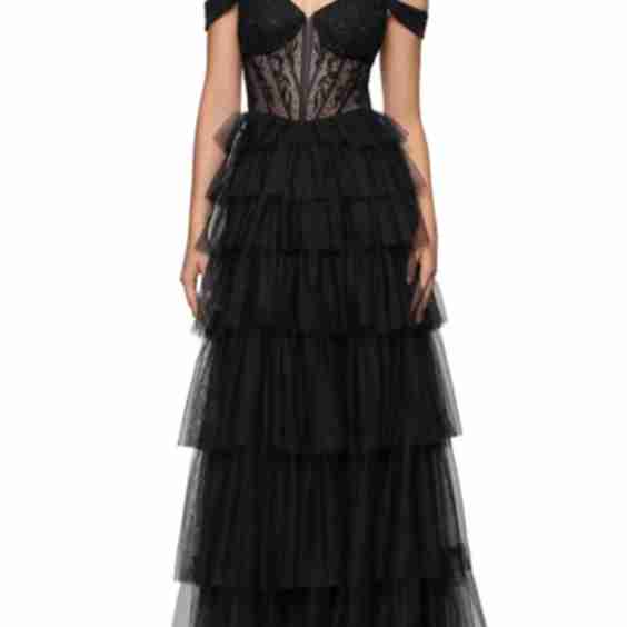 Off Shoulder Corset Tiered Mesh Ruffle Ballgown