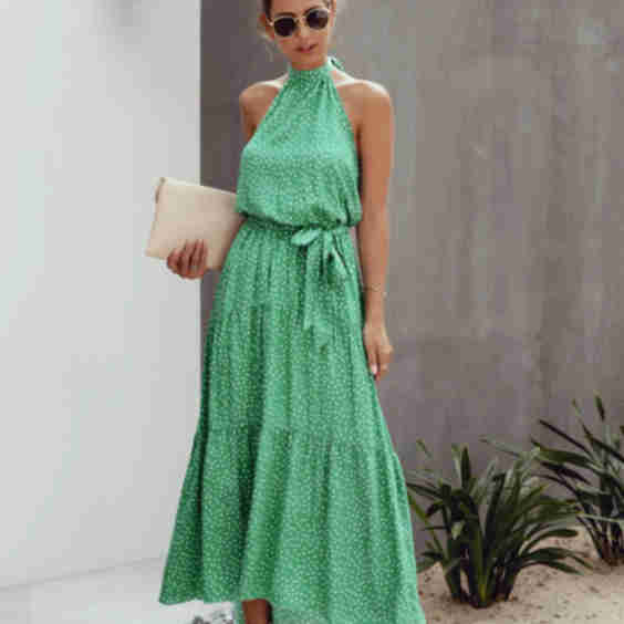 Tie Back Polka Dot Ruffle Hem Halter Dress