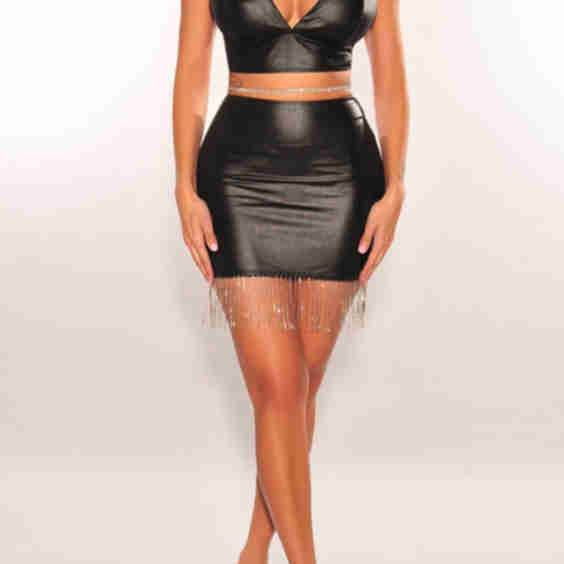 Faux Leather Spaghetti Strap V Neck Rhinestone Fringe Skirt Two Piece Set