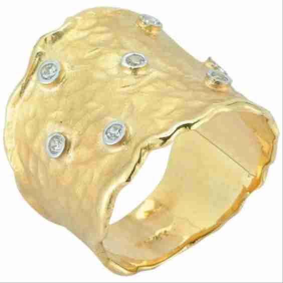 Handcrafted 14 Karat Gold Hammered Scattered Diamond Cigar Ring (Pre-Owned)