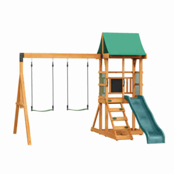 Outdoor Wooden Swing Set with Slide & Climbing Wall – Ideal For Backyards & Playgrounds