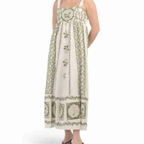 Linen Blend Sleeveless Floral Placed Print Maxi Dress