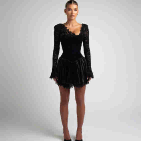 Lace and Velvet Mini Dress (Regular)