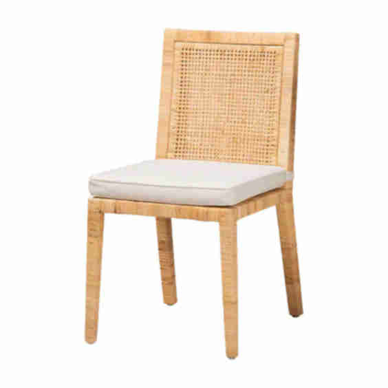 Dining Chair with Cushion - Handwoven Wicker Side Chair with Mahogany Wood Frame, Coastal Boho Style Indoor Seating